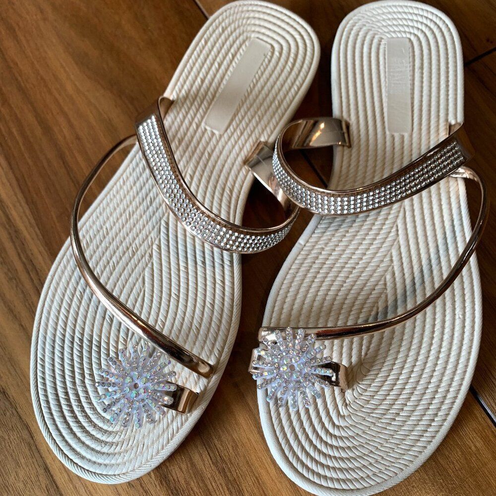 Sandal, flats, slide on, toe ring, gold metallic, sparking embellishment, new